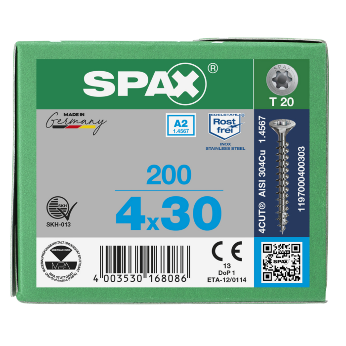 Spax spaanplaatschroeven T20 RVS A2 4 x 30 mm voldraad