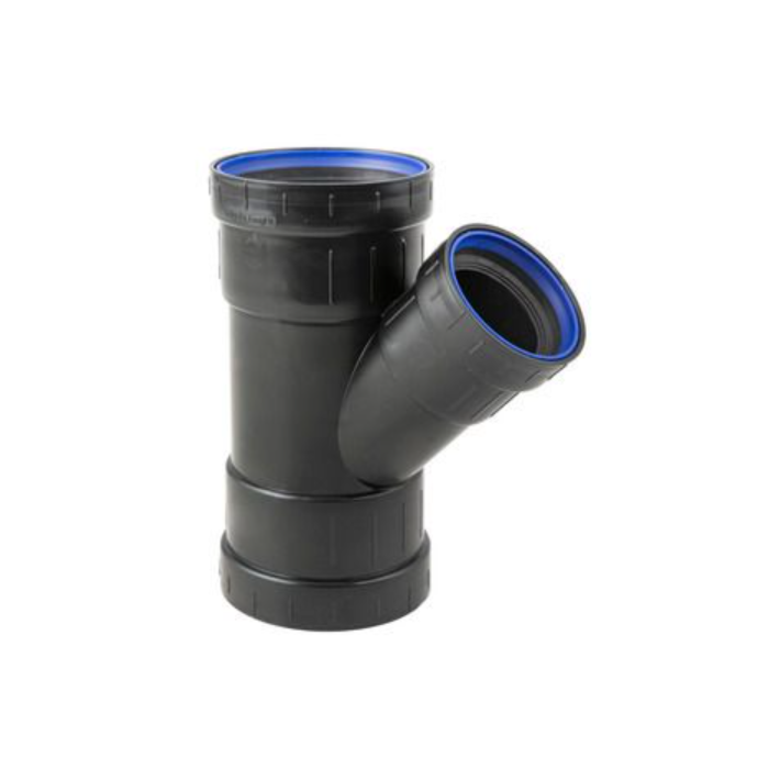 PP t-stuk zwart 3 x manchet 75 mm x 50 mm 45°